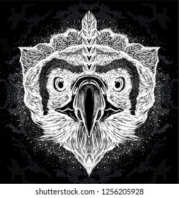 White hand drawn head of phoenix on the black background. Sketch print for t shirt and tattoo art. Boho chic.