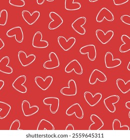 White hand drawn hearts seamless pattern on red background. Vector illustration hearts seamless pattern for background, wallpaper, wrapping and textile.