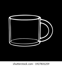 A White hand drawn illustration of a glass transparent cup for hot tea or coffee isolated on a black background