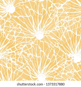 White hand drawn line art overlapping flowers textured design. Seamless vector pattern on marbled yellow background. Great for wellness, beauty, wedding products, giftwrap, stationery, packaging