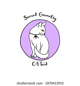 White hand drawn line art cat inside purple circle with a text sacred geometry. Isolated on white background. Stock vector illustration.