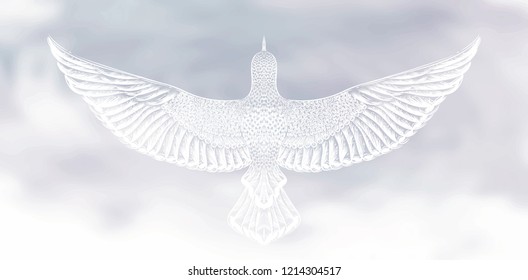 White hand drawn little bird in the cloudy. Watercolor background. Pastel colors. Romantic banner with symbol of peace. Flying dove in the cloudy sky. To be used for tattoo art, invitation card.