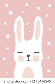 White hand drawn little rabbit on a cute pink background with stars, scandinavian style nursery room wall art a4 printable paper poster for kids with cute woodland animals