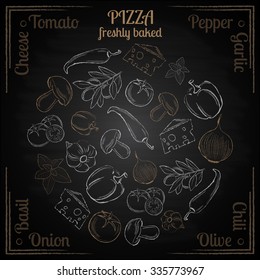 White Hand Drawn Natural Ingredients Pizza On Black Background Vector Illustration