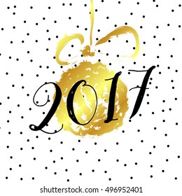 white hand drawn new year card with gold ball and black dots 2017, greeting concept