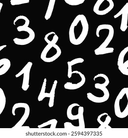 White Hand Drawn Numbers. Playful Seamless Pattern on Black.