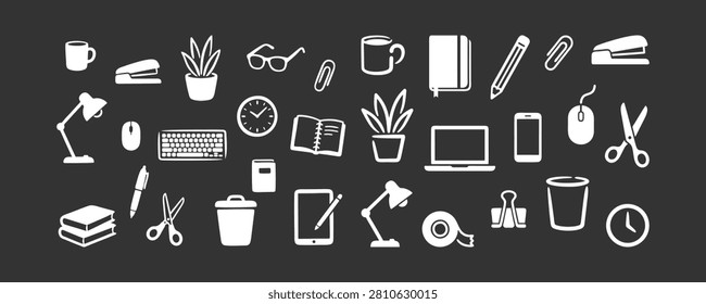 White hand drawn office supply icons set featuring computers notebooks lamps plants and various stationery items on dark background