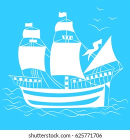 White Hand Drawn Old Ship with Birds on Blue.  Vector Illustration.