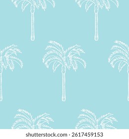 White Hand Drawn Palm Trees Pattern, Light Blue Background, Tropical Design