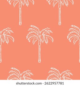 Patrón inconsútil de las palmeras dibujadas a mano blancas, fondo de coral, diseño tropical