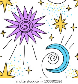 White hand drawn pattern with sun, moon and stars