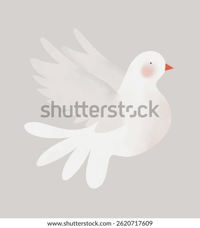 White Hand Drawn Pigeon on a Light Gray Background. Peace Symbol. Flying White Dove. Cute Infantile Style Bird. RGB.