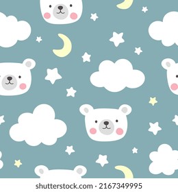 White hand drawn polar bear seamless kids pattern background, blue pastel colour night sky pajama digital print design