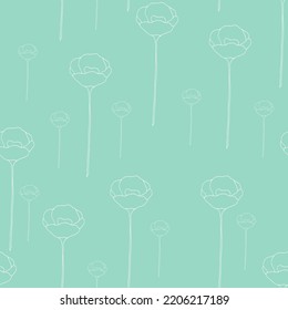 White hand drawn poppy flower on turquoise background seamless pattern. Minimalistic botanical seamless pattern