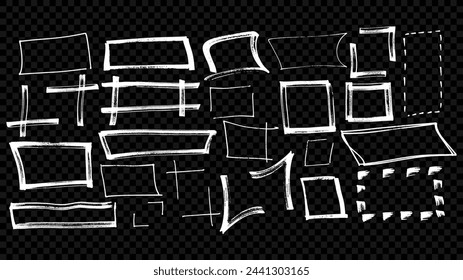 White hand drawn scribble squares and rectangles for highlights text in a Y2K style. Set of geometric shapes or borders for collages. Vector doodle of charcoal, chalk, marker, pencil frames.