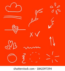 White Hand drawn set elements cartoon black on red background. Vector element