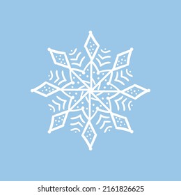 White hand drawn snowflake isolated on blue background. vector icon. winter snow symbol.