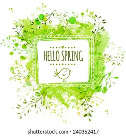 White hand drawn square frame with doodle bird and text hello spring. Green watercolor splash background with leaves. Artistic vector design for banners, greeting cards, spring sales.