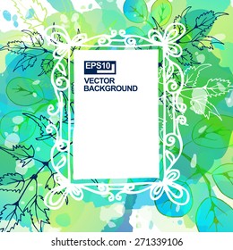 White hand drawn square frame on green watercolor splash background with leaves. Artistic vector design for banners, greeting cards, spring sales.