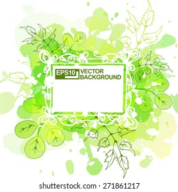 White hand drawn square frame on green watercolor splash background with leaves. Artistic vector design for banners, greeting cards, spring sales.