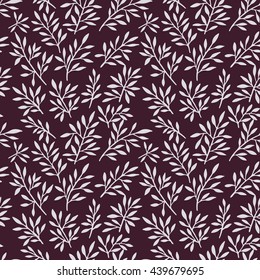 White hand drawn stems with leaves pattern on violet background