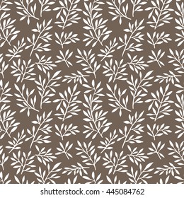 White hand drawn stems with leaves pattern on brown background