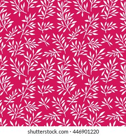 White hand drawn stems with leaves pattern on pink background