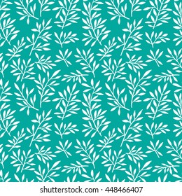 White hand drawn stems with leaves pattern on turquoise background