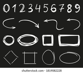 White hand drawn symbols on black. Geometric shapes. Black and white illustration