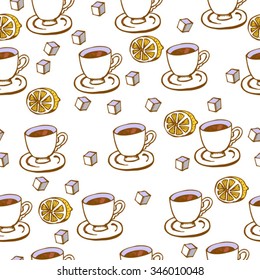 white hand drawn tea time pattern