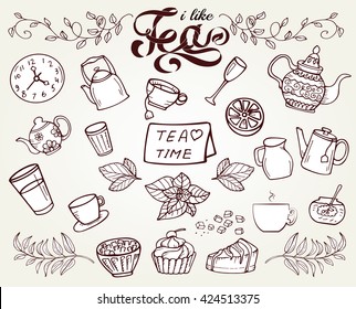 White Hand Drawn Tea Time Collection, Vector Doodle Set With Teapots, Glass, Cupcake, Decoration, Tea, Mint, Cup And Sweets. Outline Style On Bright Background