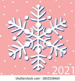 Vector dibujado a mano blanca tarjeta vectorial de copo de nieve lindo fondo rosa con texto 2021 tarjeta de año nuevo, invitación y otros