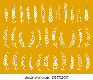 white hand drawn wheat ears icons set