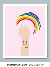 White Hand with Gender Gradient LGBT Symbol and Rainbow Semicircle