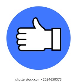 A white hand giving a thumbs-up gesture outlined in black. The hand is centered within a solid blue circle. Ideal for positive feedback, approval, encouragement, social media, and communication. Flat