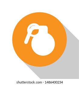 White Hand grenade icon isolated on white background. Bomb explosion. Orange circle button. Vector Illustration