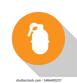 White Hand grenade icon isolated on white background. Bomb explosion. Orange circle button. Vector Illustration