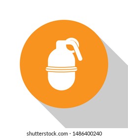 White Hand grenade icon isolated on white background. Bomb explosion. Orange circle button. Vector Illustration