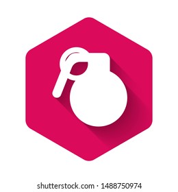 White Hand grenade icon isolated with long shadow. Bomb explosion. Pink hexagon button. Vector Illustration