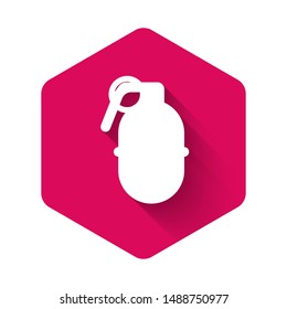 White Hand grenade icon isolated with long shadow. Bomb explosion. Pink hexagon button. Vector Illustration