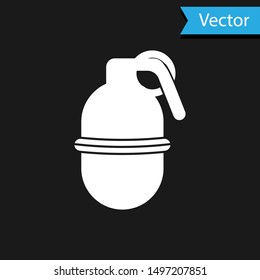 White Hand grenade icon isolated on black background. Bomb explosion.  Vector Illustration
