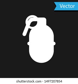 White Hand grenade icon isolated on black background. Bomb explosion.  Vector Illustration