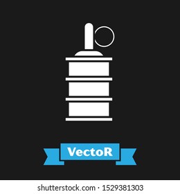 White Hand grenade icon isolated on black background. Bomb explosion.  Vector Illustration