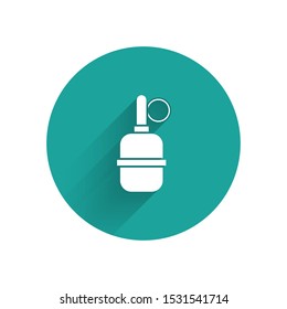 White Hand grenade icon isolated with long shadow. Bomb explosion. Green circle button. Vector Illustration