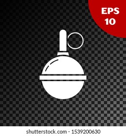 White Hand grenade icon isolated on transparent dark background. Bomb explosion.  Vector Illustration
