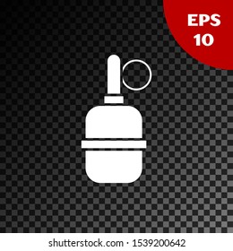 White Hand grenade icon isolated on transparent dark background. Bomb explosion.  Vector Illustration
