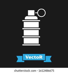 White Hand grenade icon isolated on black background. Bomb explosion.  Vector Illustration