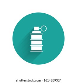White Hand grenade icon isolated with long shadow. Bomb explosion. Green circle button. Vector Illustration