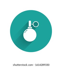 White Hand grenade icon isolated with long shadow. Bomb explosion. Green circle button. Vector Illustration