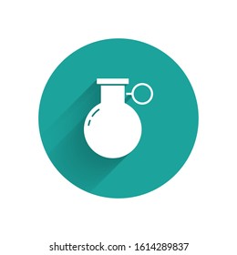 White Hand grenade icon isolated with long shadow. Bomb explosion. Green circle button. Vector Illustration